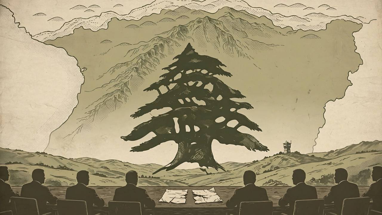 Editorial illustration of a stylised map of Lebanon with a cedar tree and officials seen from behind at a negotiation table with an unsigned document