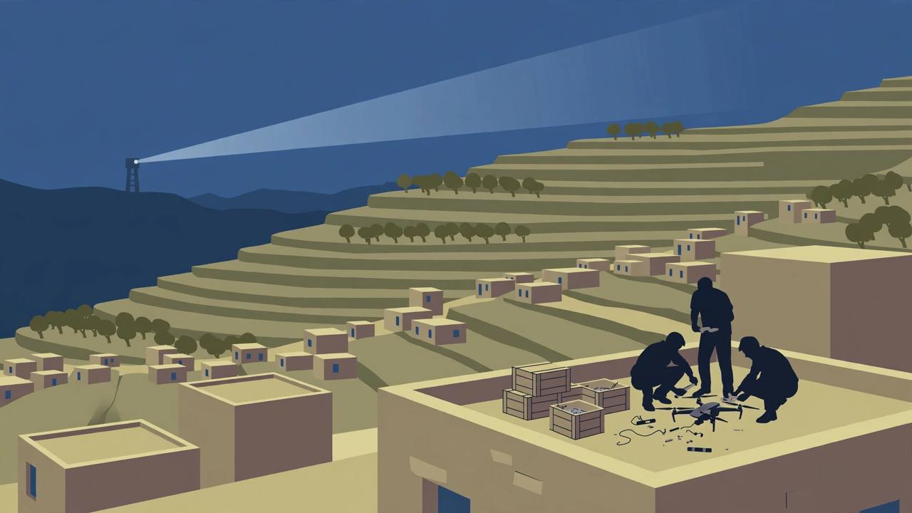 Editorial illustration of southern Lebanon hills at dusk with generic figures assembling a small drone on a rooftop