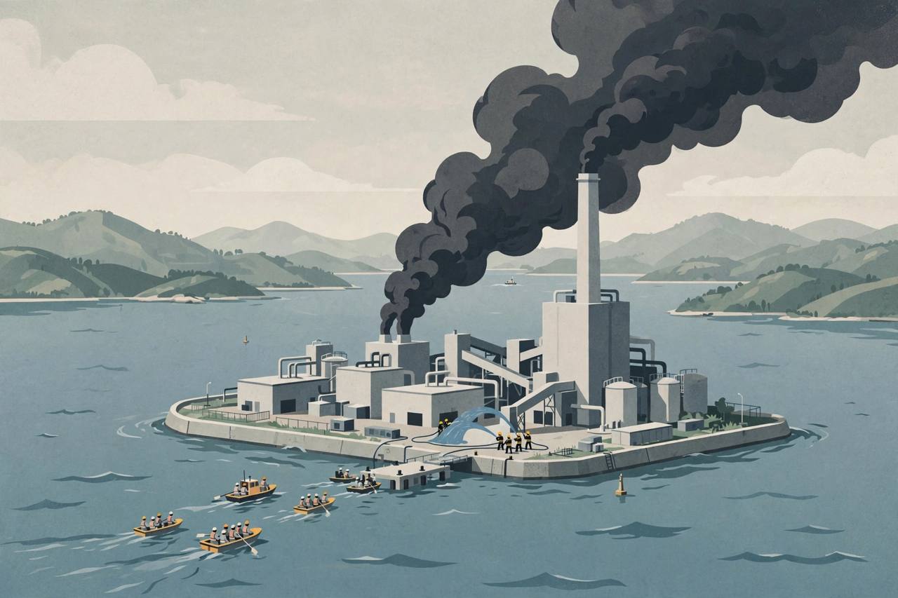 Editorial illustration of a waste-to-energy plant on an artificial island off Hong Kong with dark smoke rising, firefighters with hoses and evacuation boats
