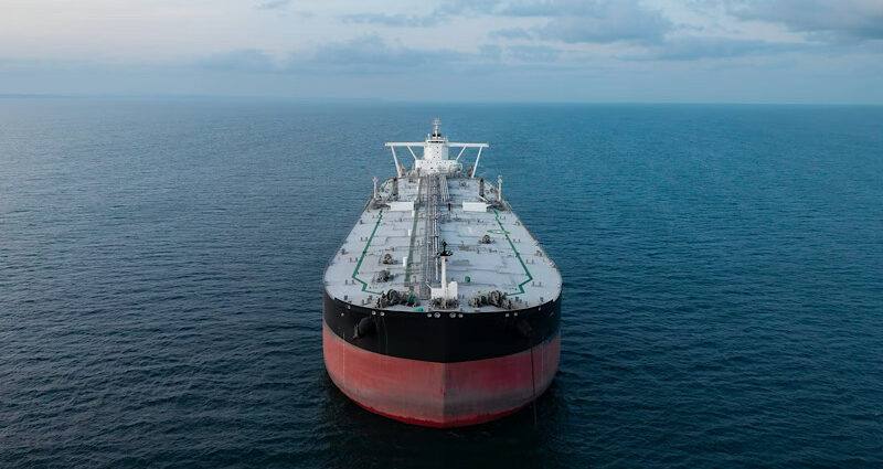 Aerial file photo of a large tanker ship sailing through the Strait of Hormuz