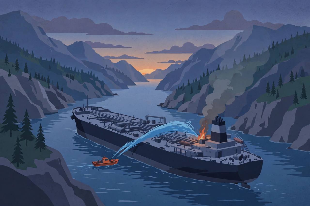 Editorial illustration of an oil tanker in the Strait of Hormuz with a small boat alongside and smoke from its engine room