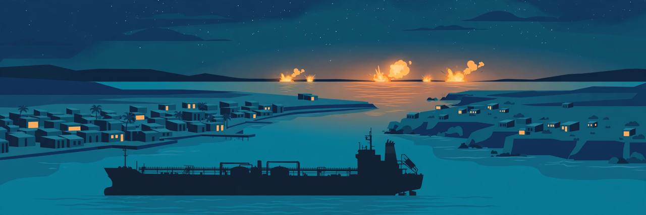 Editorial illustration of a generic Iranian coastal town and tanker in the Strait of Hormuz at night with distant flashes, flat style, no text, no real person depicted
