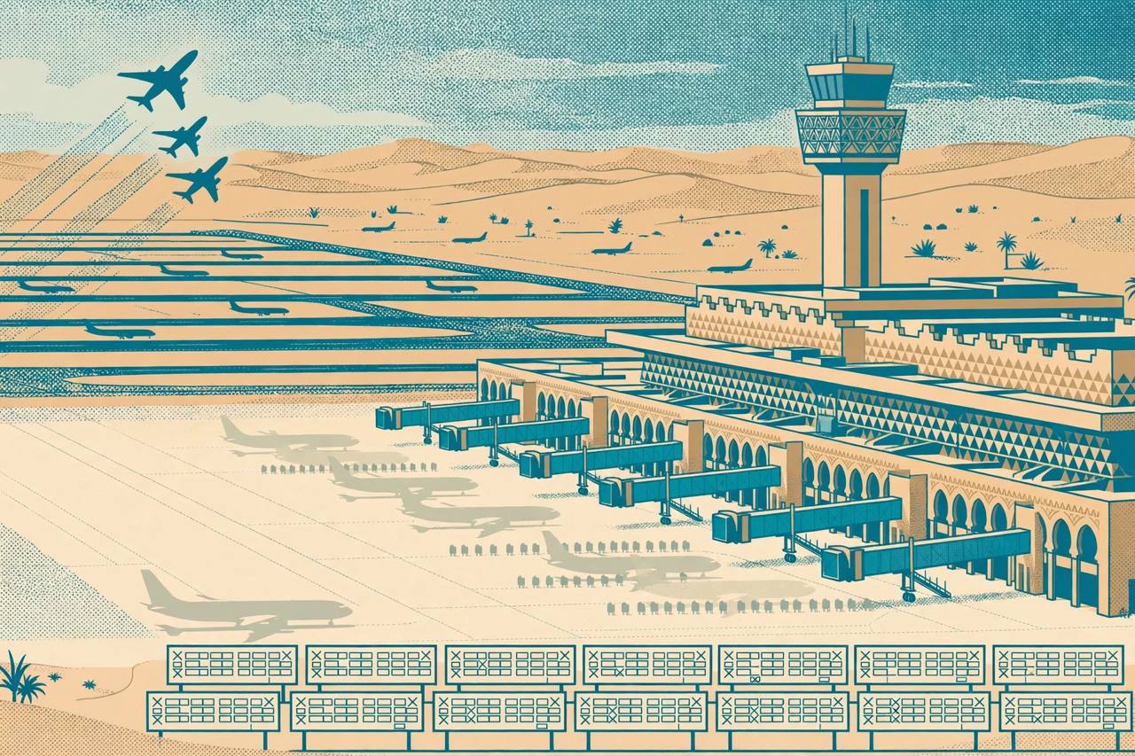 Editorial illustration of a generic desert airport terminal with mostly grounded aeroplanes and empty runways, and a few planes taking off
