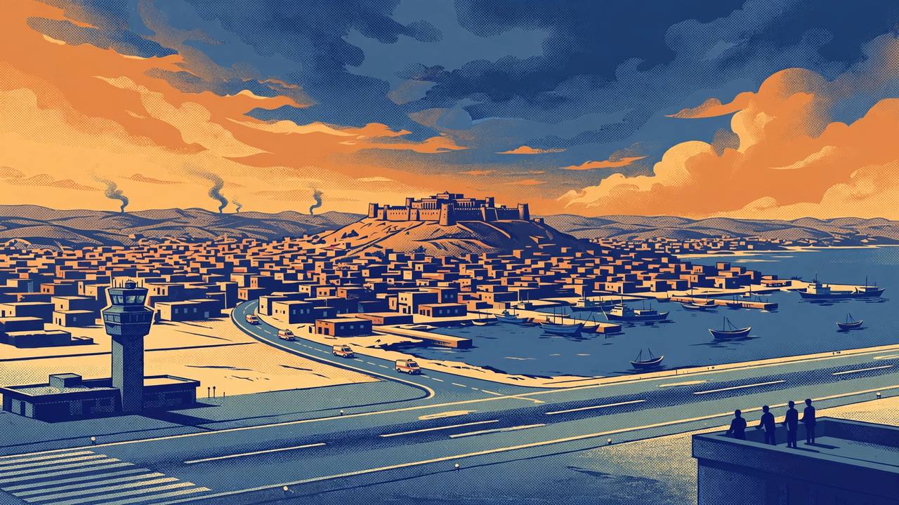 Editorial illustration of a coastal city with an airport control tower in the foreground and a palace on a hill behind it, with smoke rising in the far distance at dusk
