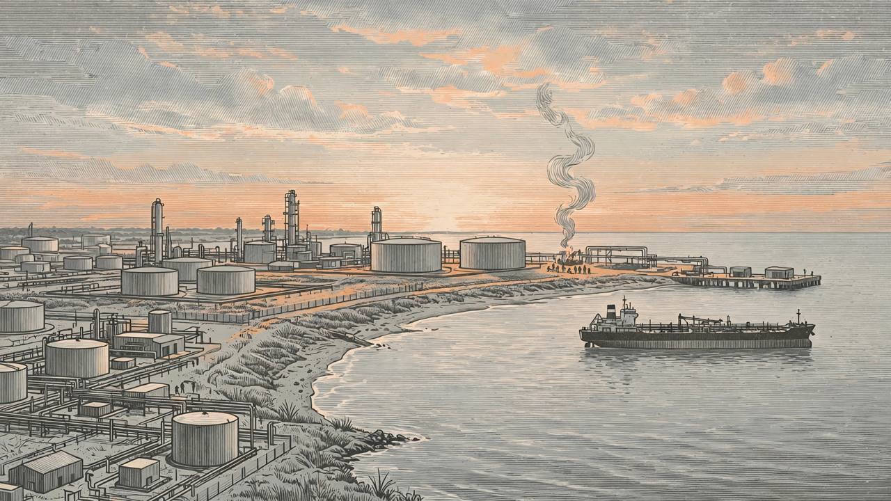 Editorial illustration of a generic coastal oil refinery and loading terminal at dawn with a distant smoke plume