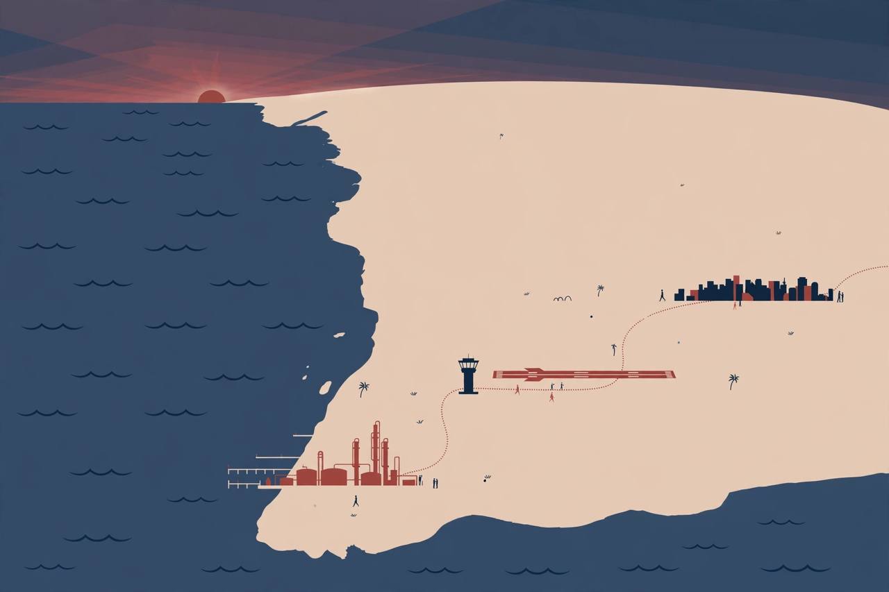 Editorial illustration of a stylised Arabian Peninsula coast with a generic refinery, airport and city skyline — no real place or person depicted