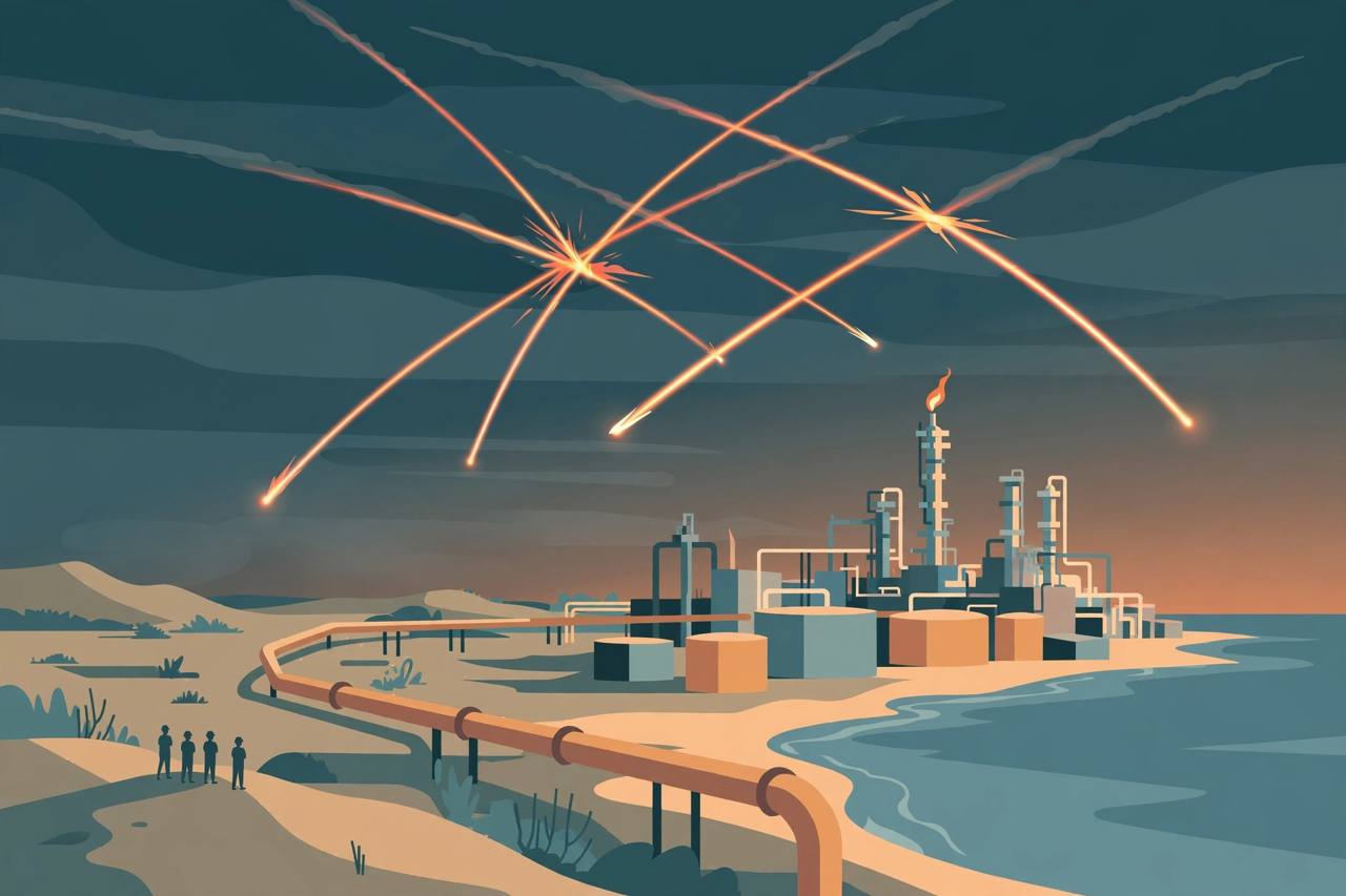Editorial illustration of a Red Sea coast oil refinery and crude pipeline at dusk with air-defence interception trails in the sky above