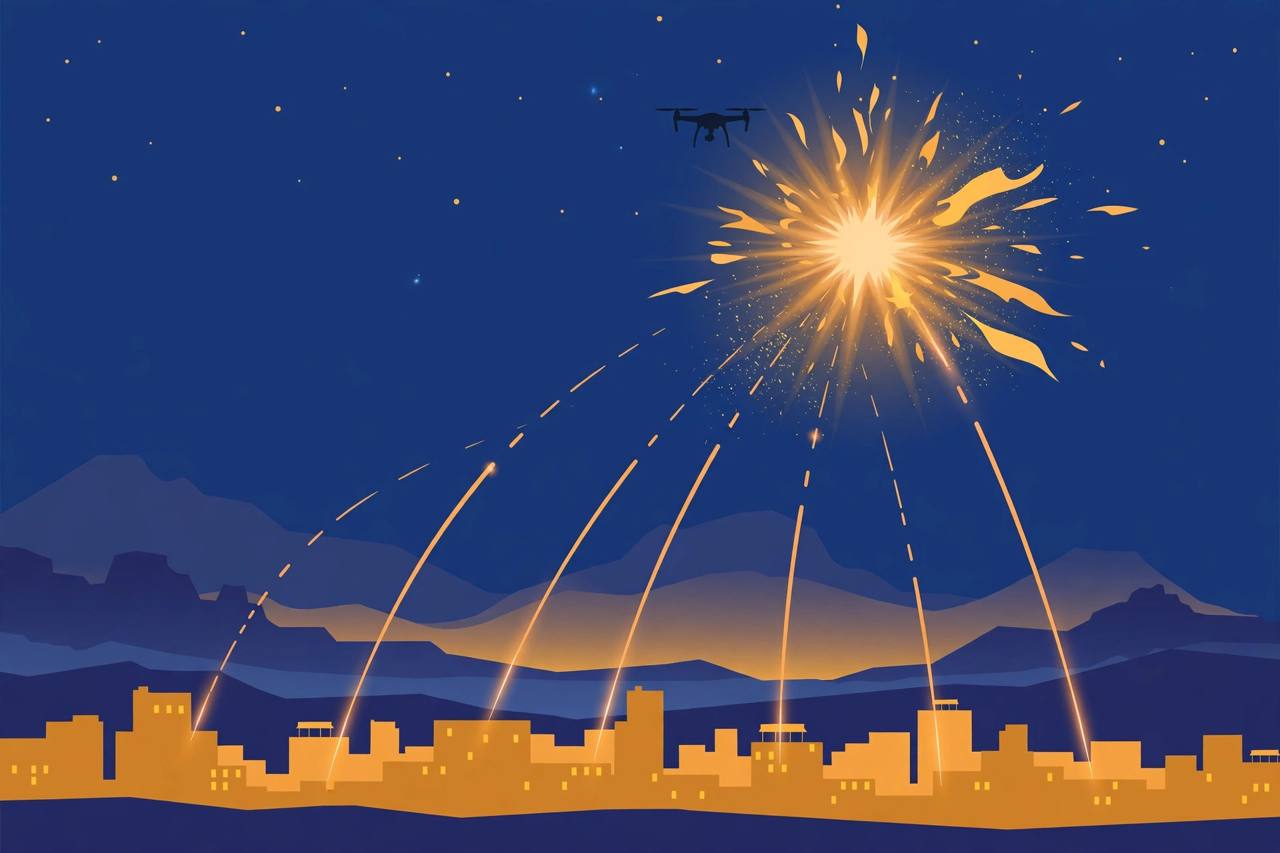 Editorial illustration of an air-defence interception burst beside a small drone silhouette in a night sky over a generic desert city skyline