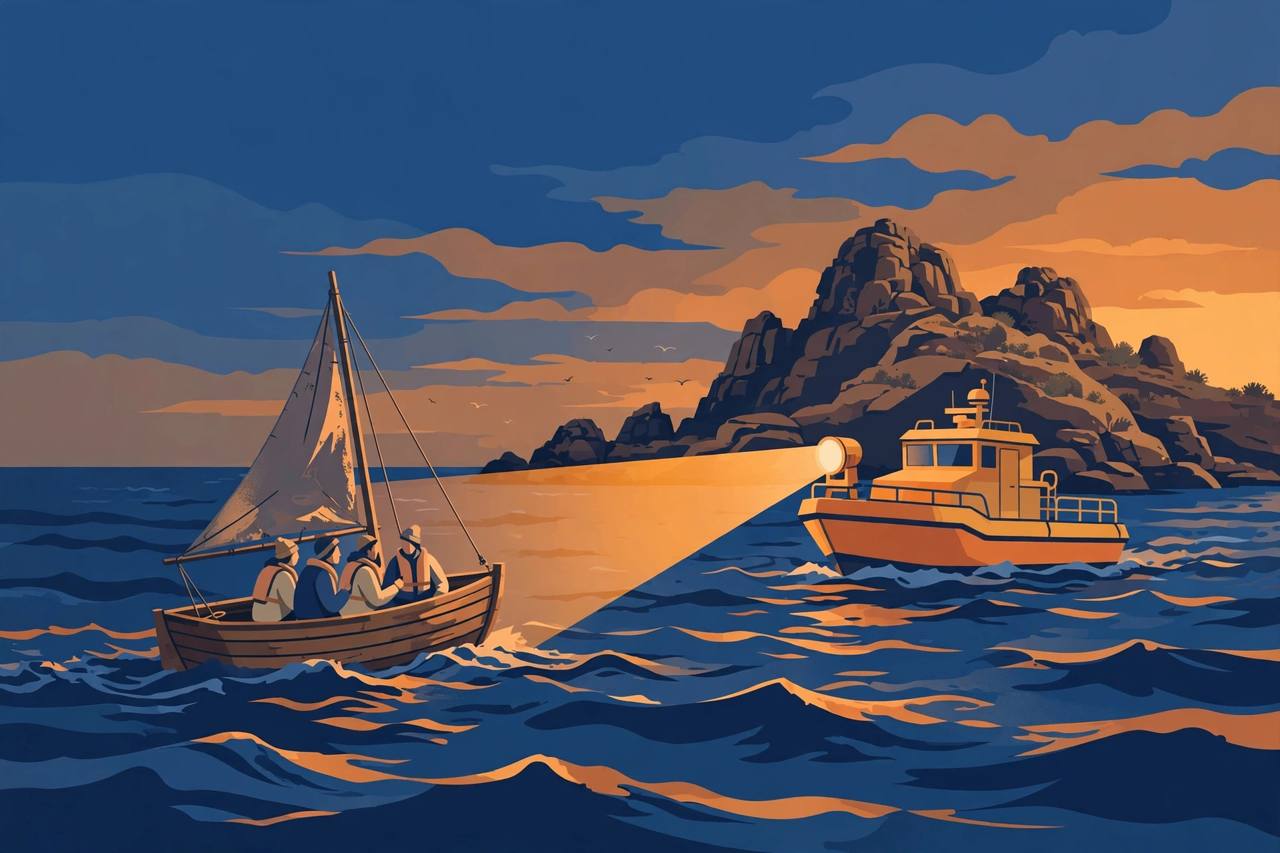 Editorial illustration of a small boat with generic crew on a rough sea near a rocky island as a rescue vessel approaches, flat style, no real person depicted