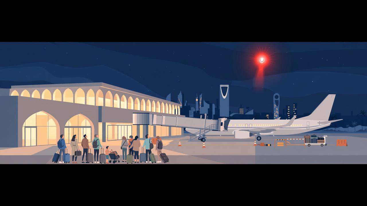Editorial illustration of an airport terminal at night with a passenger plane at the gate and travellers looking up at a warning light