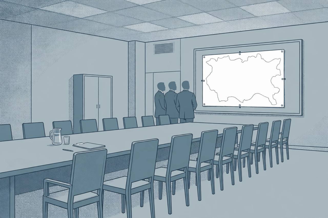 Editorial illustration of a coordination-centre conference room with many empty chairs around a long table and generic figures looking at a blank map board — flat style, no real person depicted