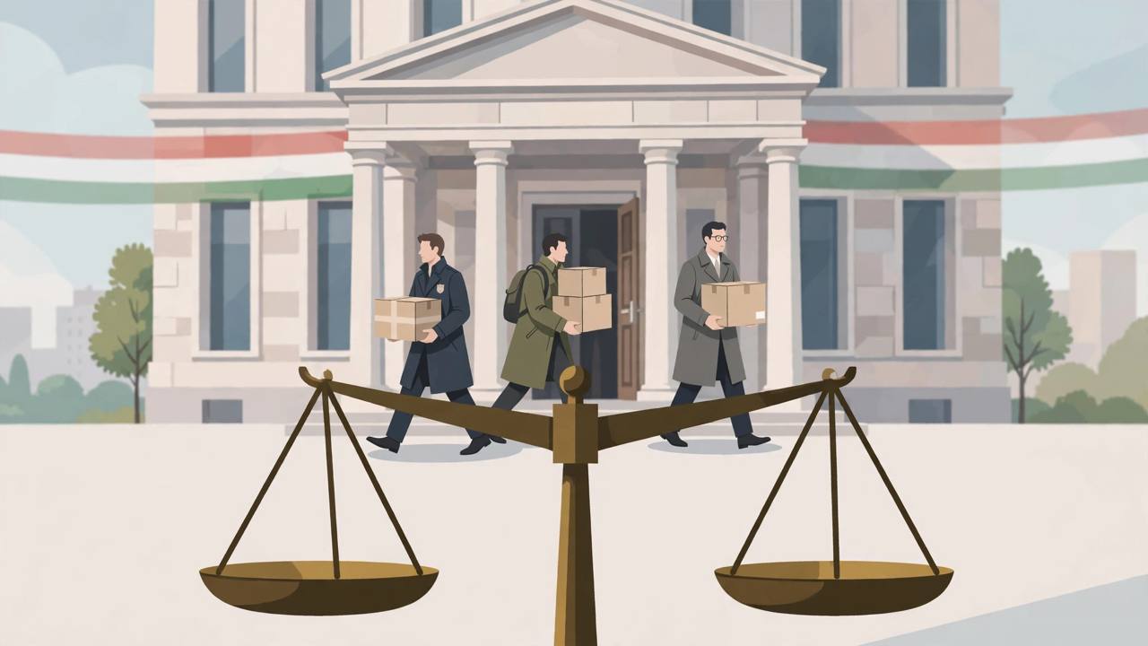 Editorial illustration of investigators carrying sealed document boxes past a scale of justice