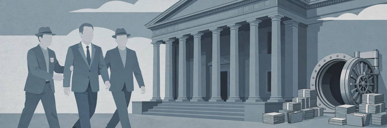 Editorial illustration of a generic suited official being escorted by investigators outside a columned central bank building, with documents and a vault door behind them