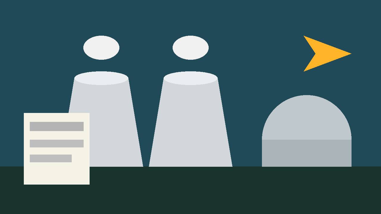 Editorial illustration of nuclear cooling towers, a reactor dome and a review clipboard, flat style, no text, no real person