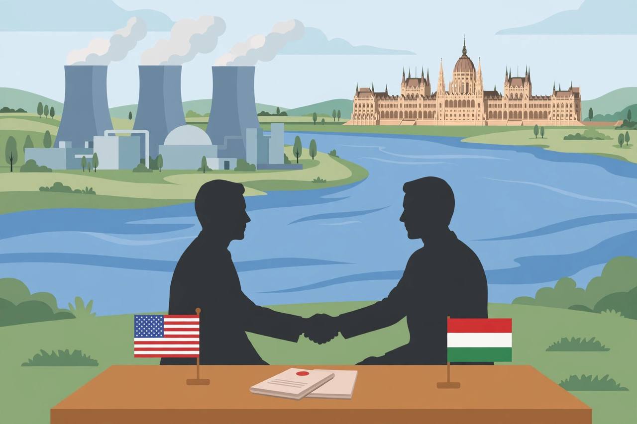 Editorial illustration of a nuclear power plant beside the Danube in Hungary with a diplomatic document and two national flags in the foreground