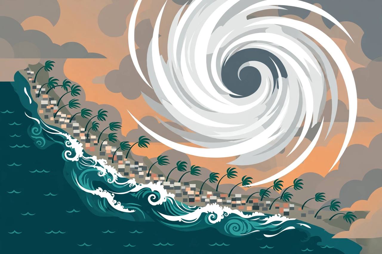 Editorial illustration of a swirling hurricane approaching a Pacific coastline at dusk, with bending palm trees and large waves
