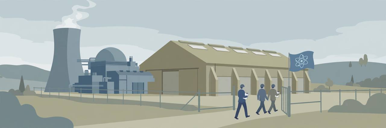 Editorial illustration of a nuclear power plant beside an assembly hall, with generic inspectors carrying clipboards walking toward a gate