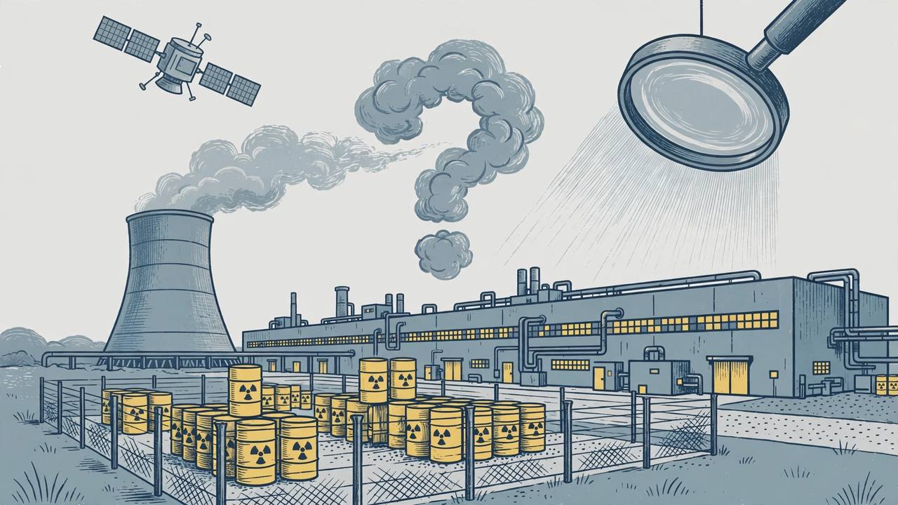 Editorial illustration of a nuclear facility and sealed uranium barrels under satellite and inspection-lens surveillance