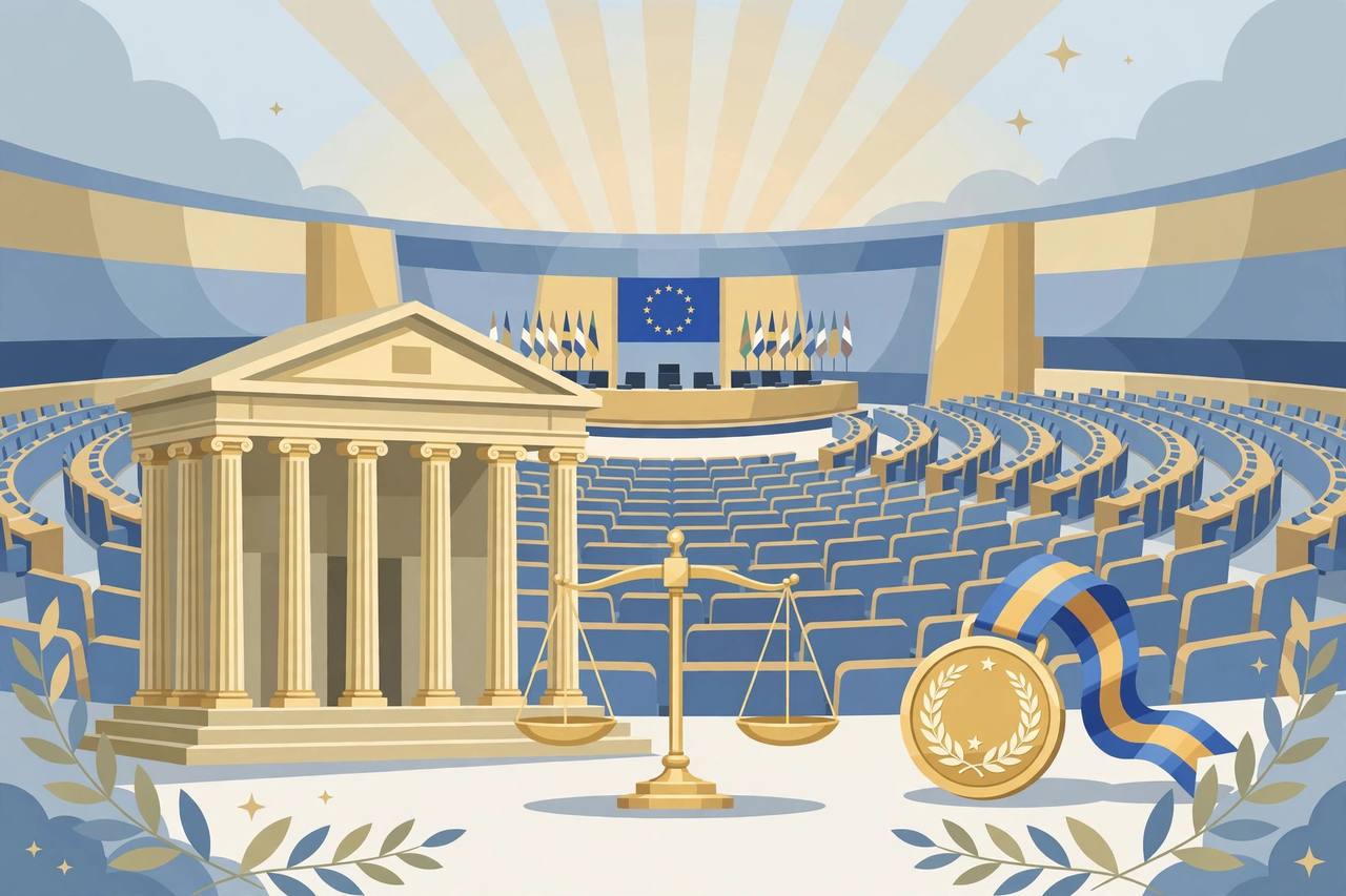 Editorial illustration of a stylised international courthouse with columns, scales of justice and a gold prize medal, flat style, no real person depicted