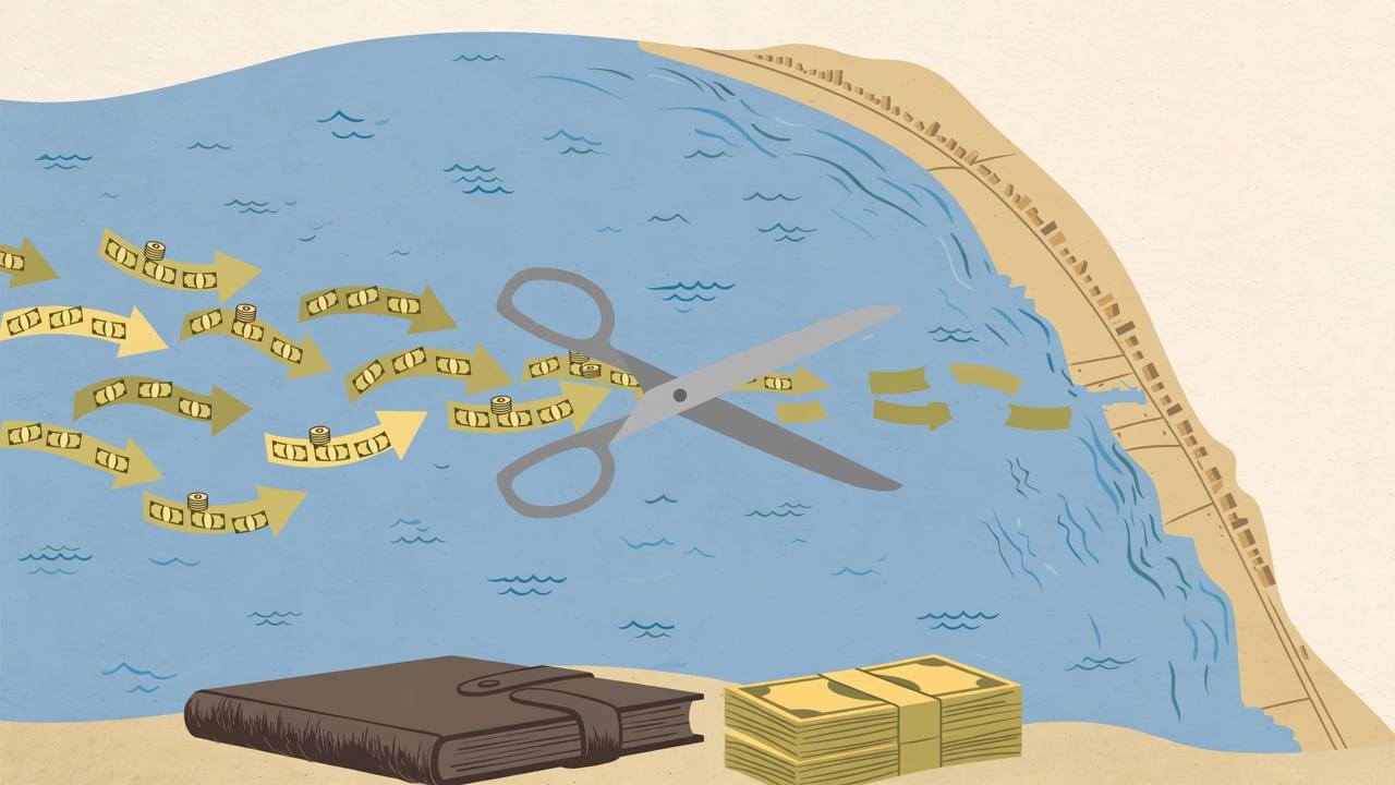 Editorial illustration of a stylised Gaza coastline map with abstract money-flow arrows being cut by scissors and a closed ledger — flat style, no people, no real person depicted, no violence shown
