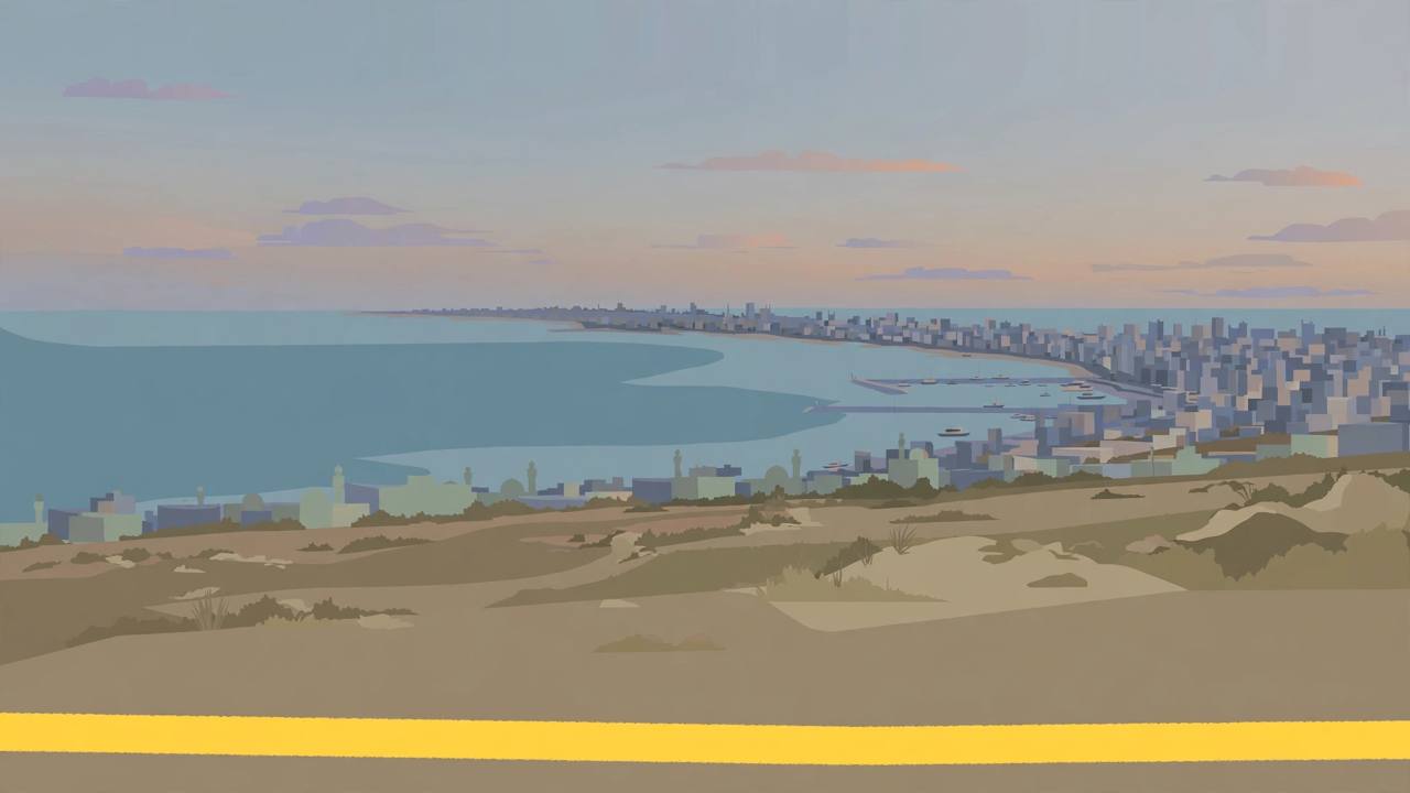Editorial illustration of a distant generic Gaza coastal cityscape at dusk with a yellow demarcation line, no strike or victim depicted