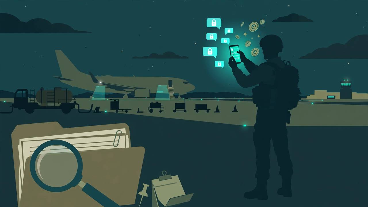 Editorial illustration of a generic soldier photographing airfield equipment at night with an encrypted phone chat and cryptocurrency symbols