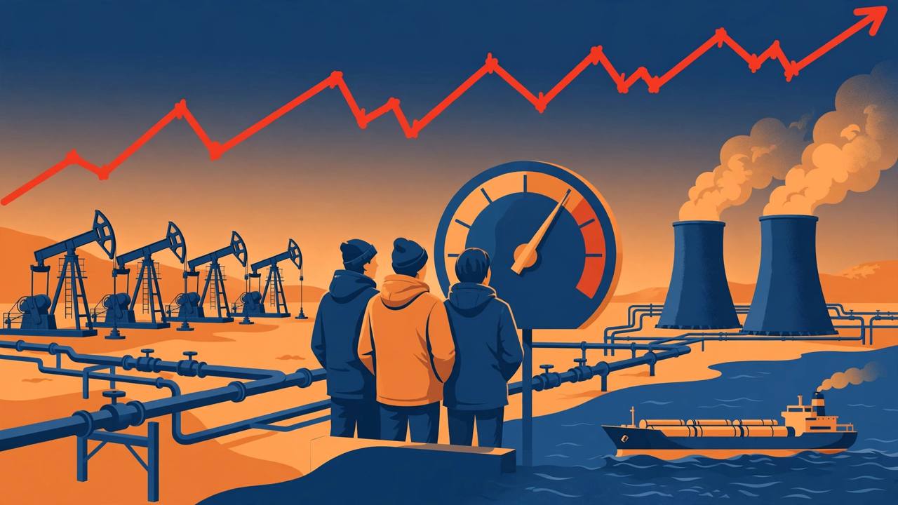 Editorial illustration of oil pumpjacks, a tanker, gas pipelines and nuclear cooling towers under a rising red price line