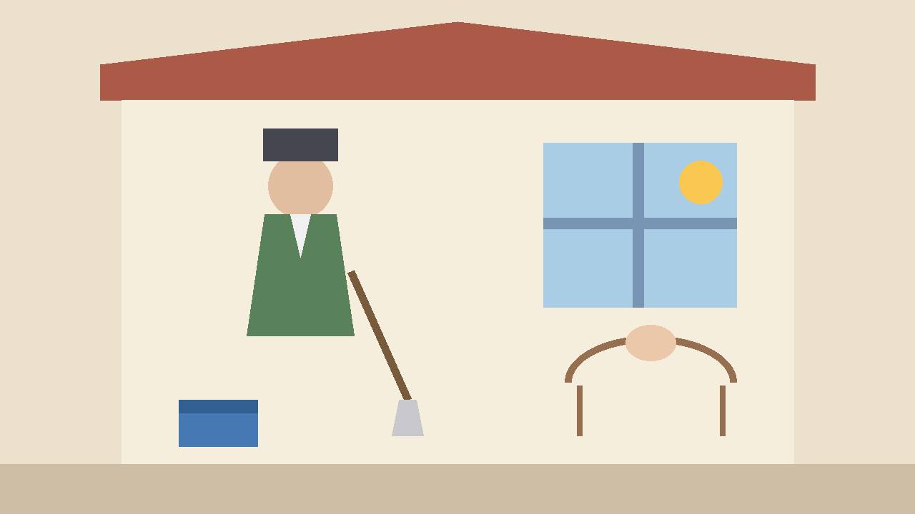 A domestic worker with a mop and bucket inside a home, beside a child's cradle (editorial illustration)