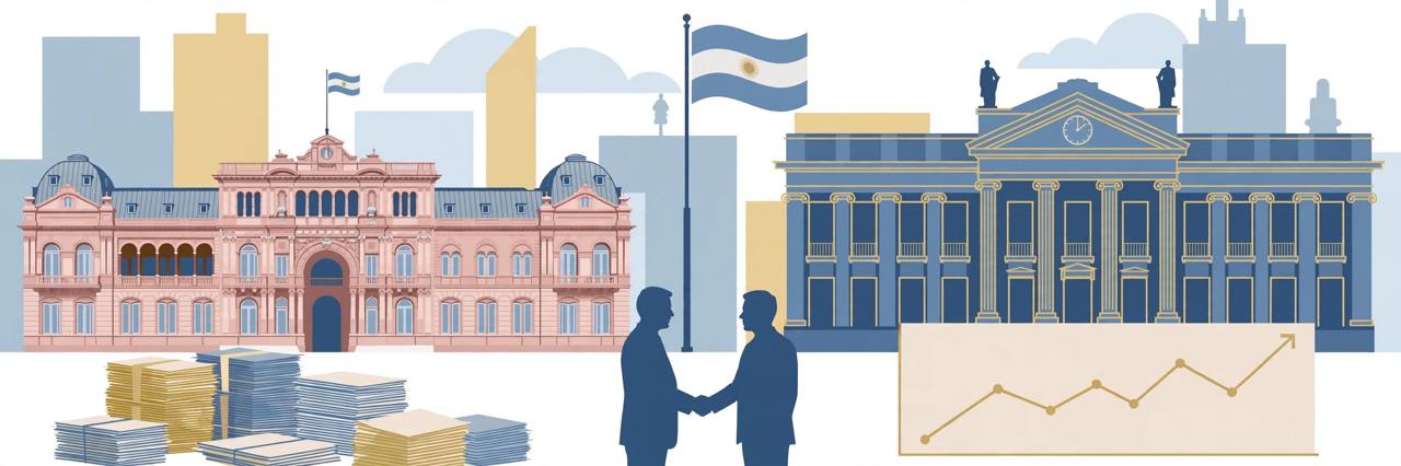 Editorial illustration of a government building and a central bank in Buenos Aires with the Argentine flag, documents and a rising reserves chart