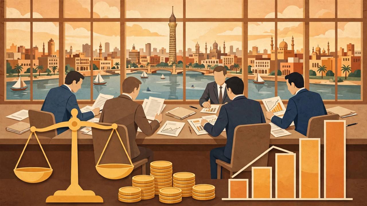Editorial illustration of officials reviewing economic documents at a conference table with the Cairo skyline and the Nile behind them