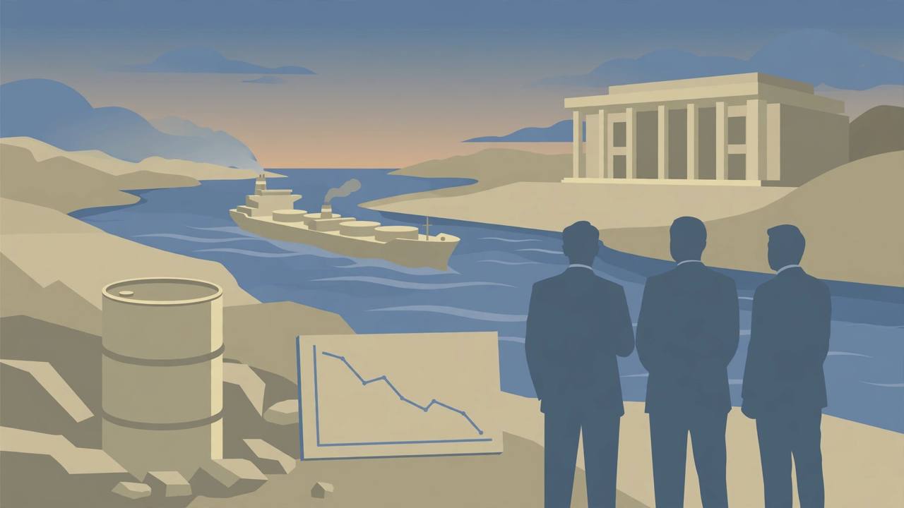 Editorial illustration of an oil tanker in a narrow strait with a finance building and a falling economy chart