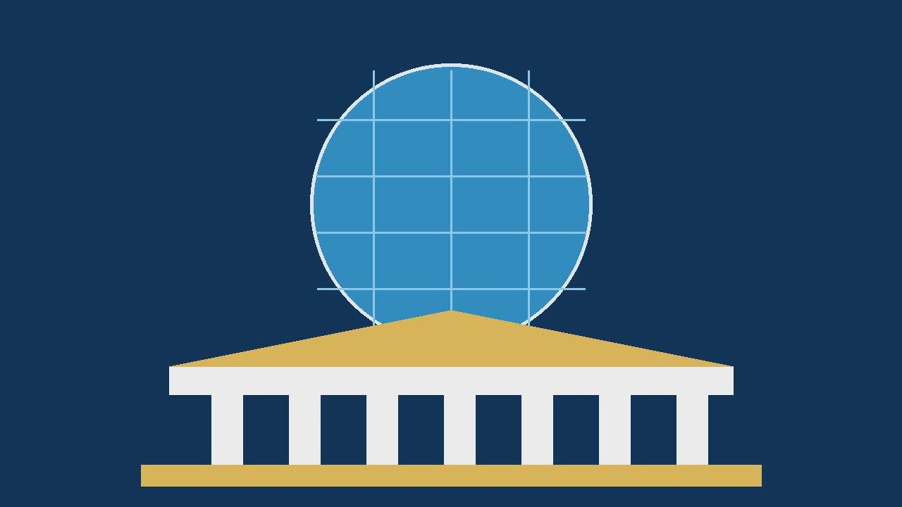 Flat editorial illustration of a globe behind the columns of a classical bank building with a gold roof, in blue and white tones (Editorial illustration)