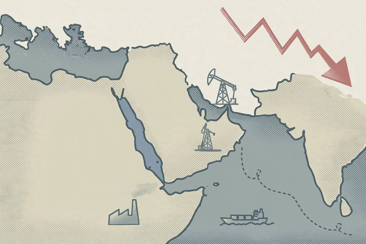 Editorial illustration of a stylised map of the Middle East, North Africa and Pakistan with a downward economic graph arrow, an oil derrick and a cargo ship, flat style, no text, no real person depicted