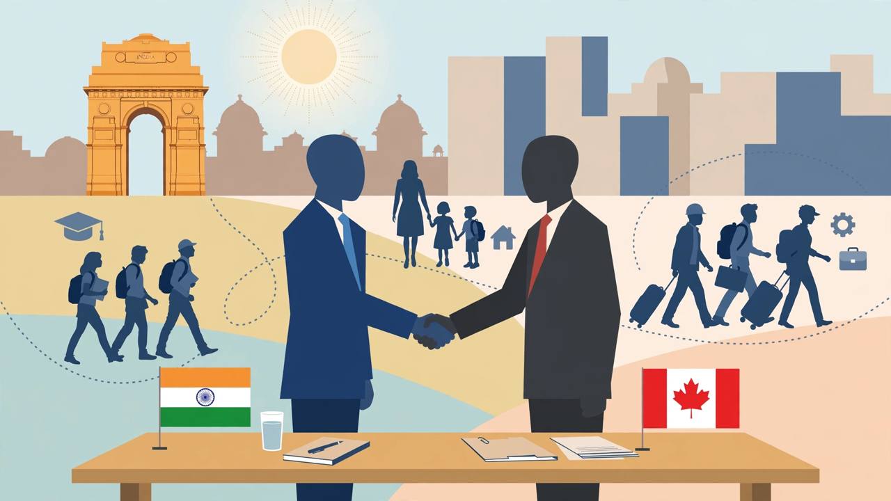 Editorial illustration of Indian and Canadian diplomats shaking hands with students and families behind