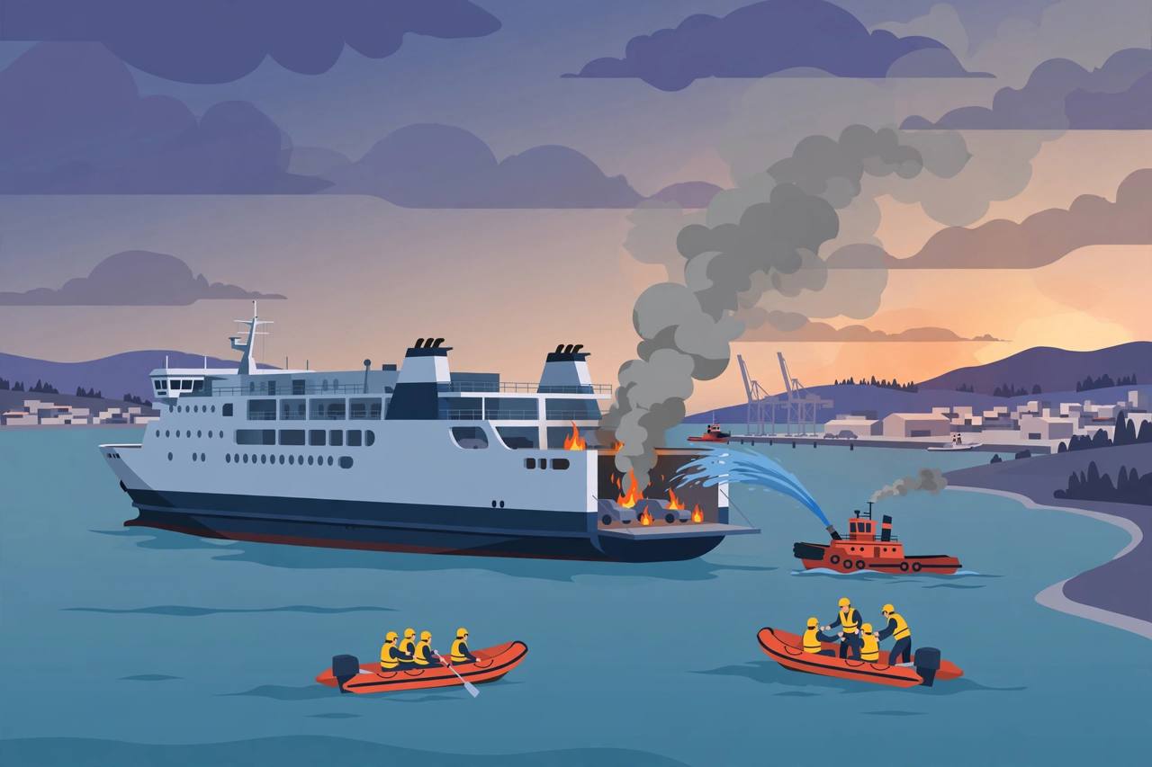 Editorial illustration of a ferry with smoke rising from its stern near Merak Port as rescue boats evacuate passengers in life jackets