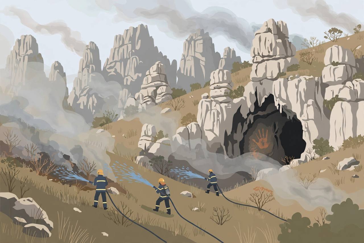 Editorial illustration of firefighters on a dry karst hillside in Sulawesi with smoke over limestone cliffs and a cave entrance with a faint ancient hand stencil
