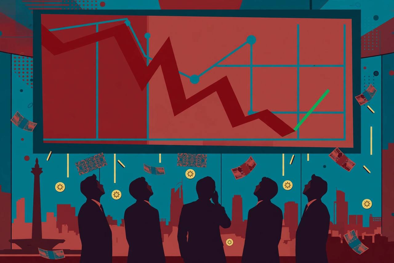 Editorial illustration of generic traders in silhouette looking up at a huge stock-market screen in Jakarta showing a steep red fall with a small green rebound at the end, banknotes and coins falling, no real person's likeness