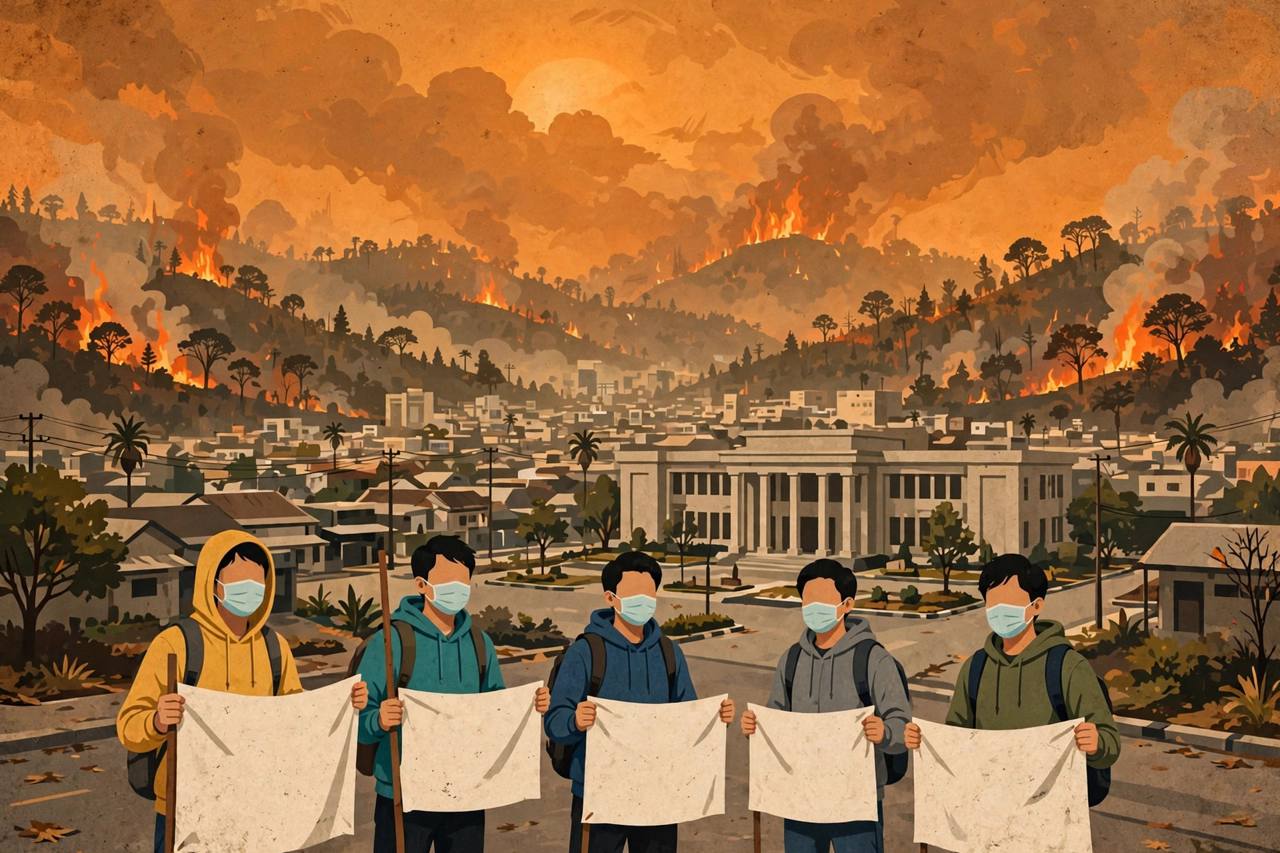 Editorial illustration of generic masked students holding blank banners under an orange smoky sky with wildfires on hills behind a city — flat style, no real person depicted