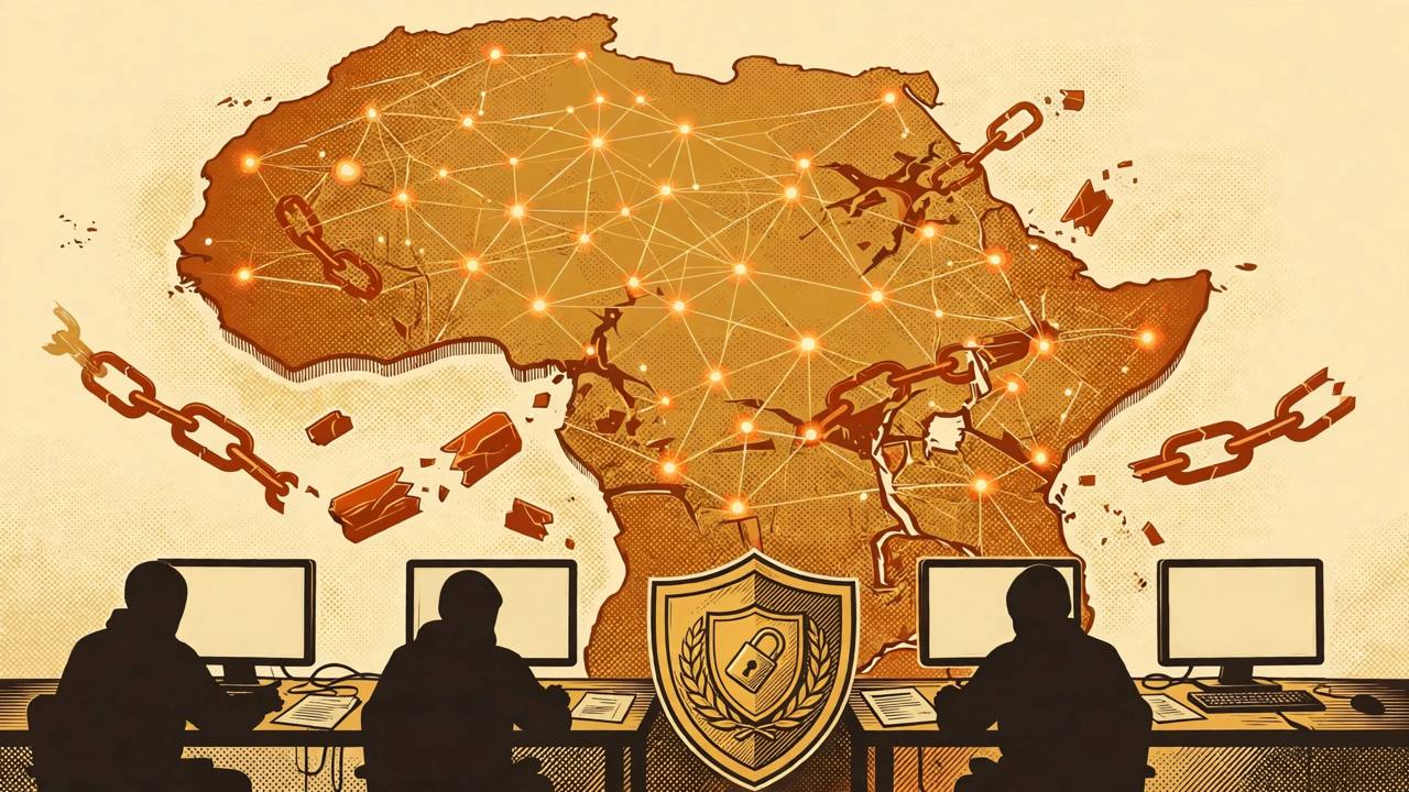 Editorial illustration of a stylised map of Africa with glowing network nodes and broken chains, and generic investigators at computer screens — no real person depicted