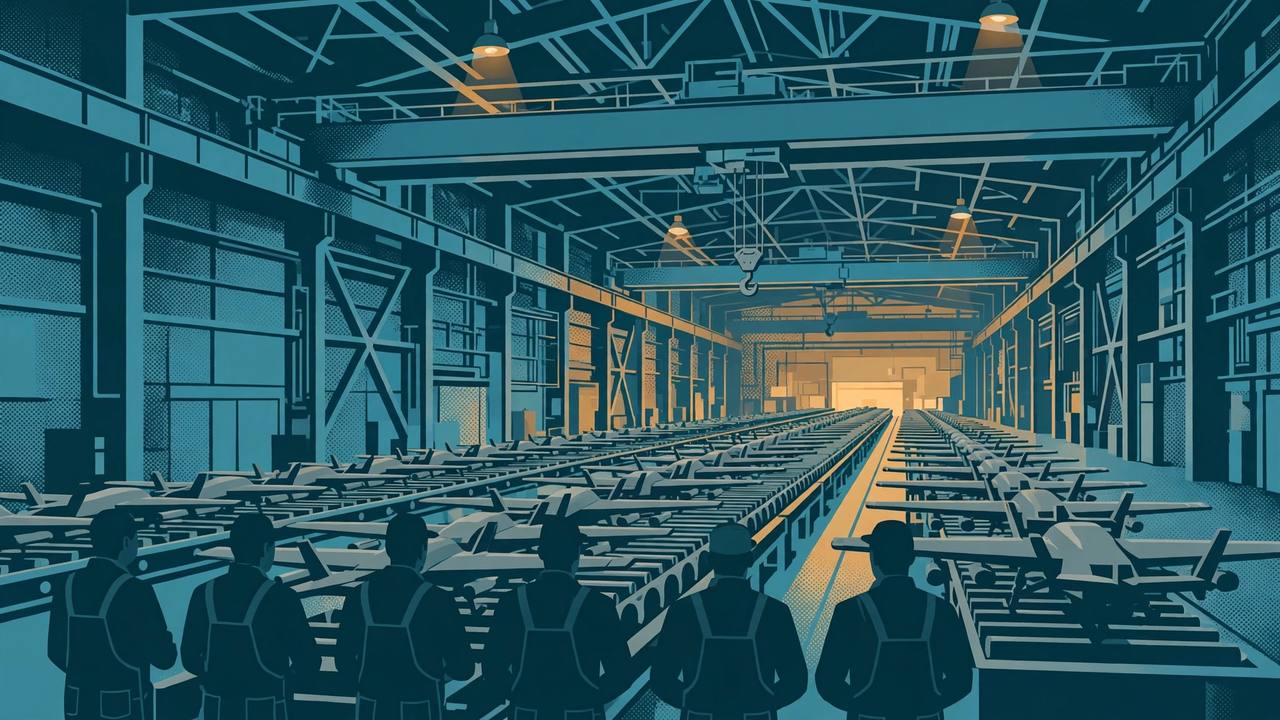 Editorial illustration of rows of military drones on an assembly line inside a large industrial hangar, with generic worker silhouettes seen from behind, flat editorial style, no text, no flags and no people's faces