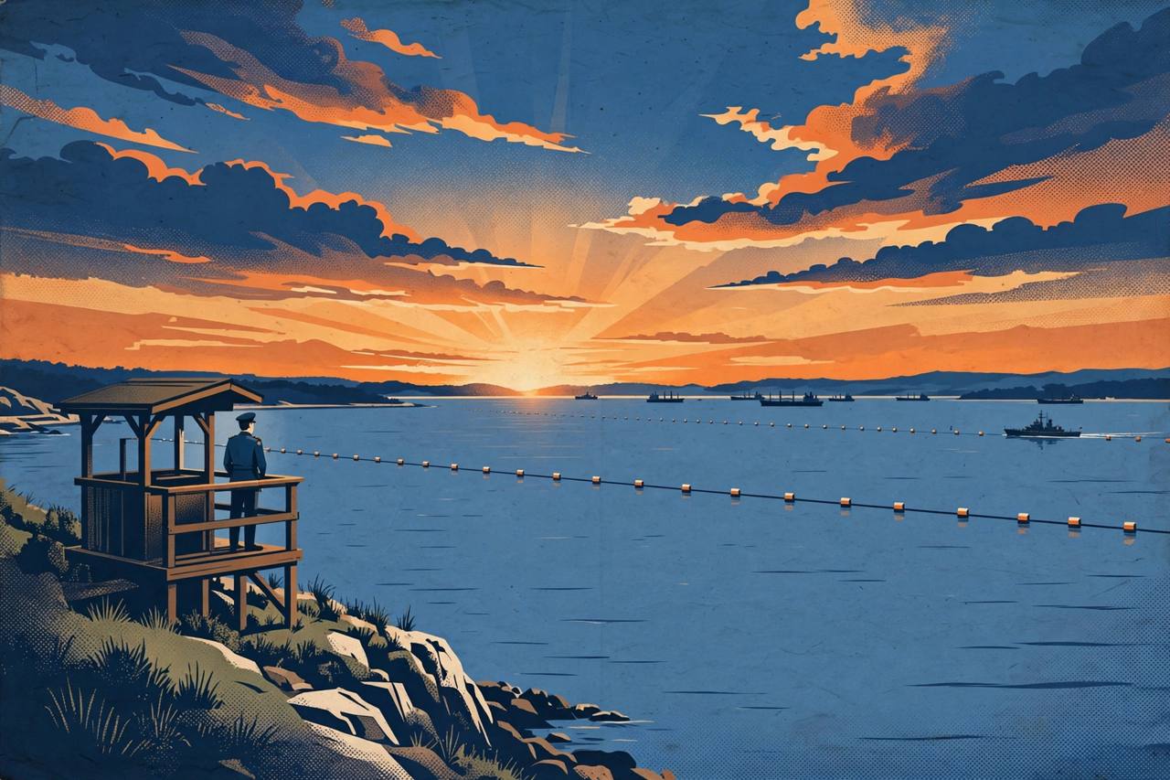 Editorial illustration of a strait with tankers and a distant warship at dawn