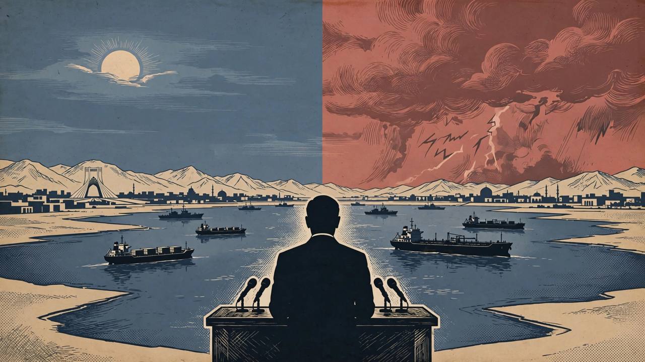 Editorial illustration of a generic diplomat at a podium with a stylised Strait of Hormuz waterway and cargo ships behind — flat style, no real person depicted