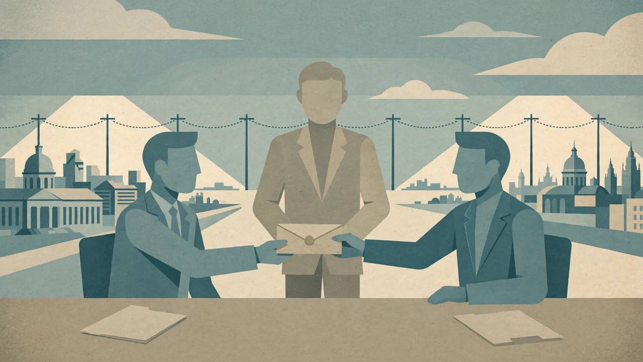 Editorial illustration of two generic diplomats passing a sealed message through a neutral intermediary