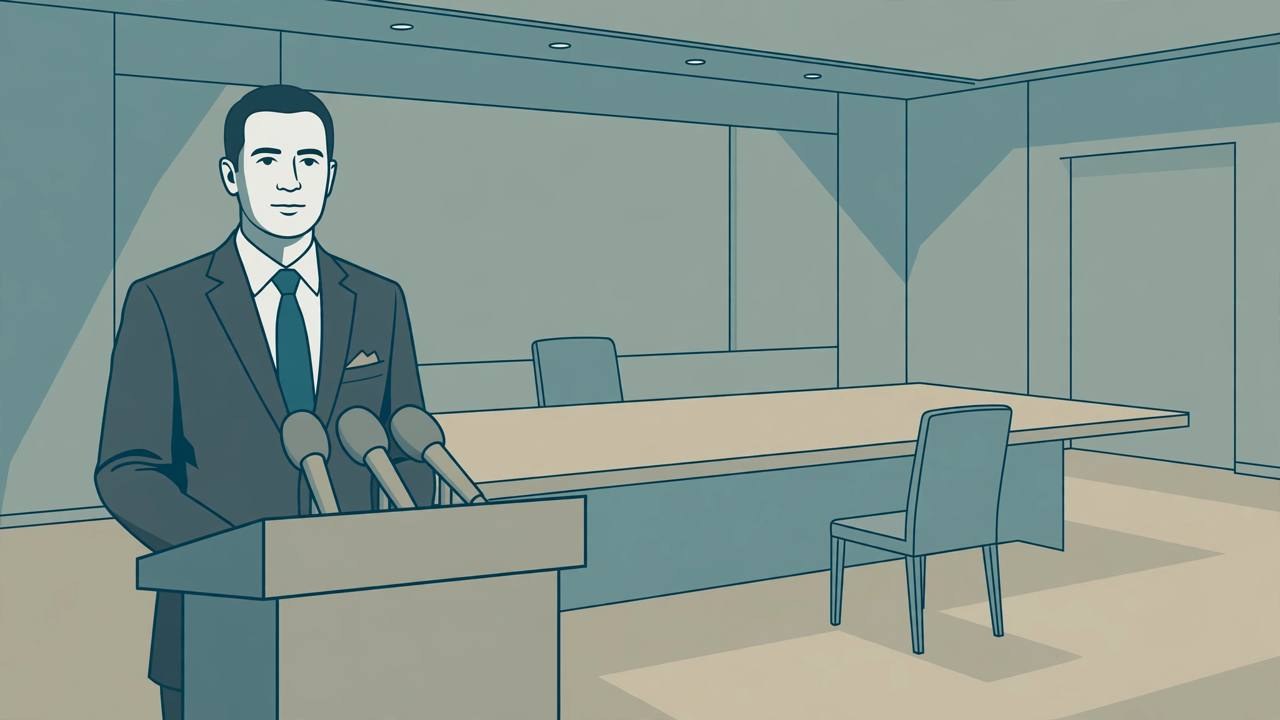 Editorial illustration of a generic spokesman at a podium with microphones, behind him an empty negotiation table with two chairs far apart