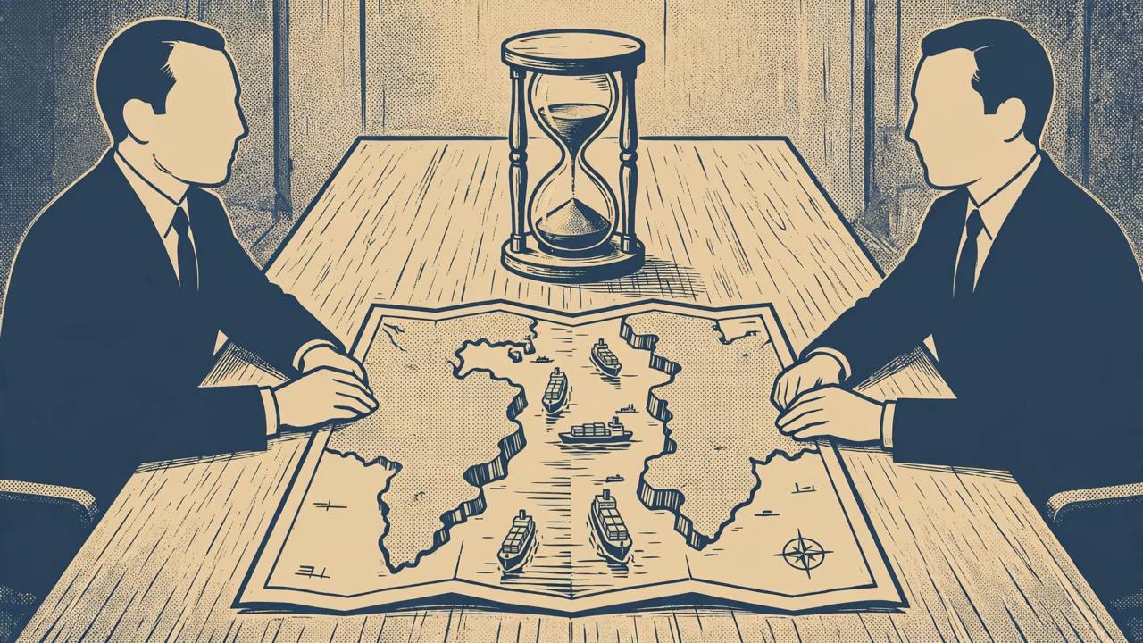 Editorial illustration of two generic diplomats at a negotiating table with an hourglass and a sea strait with cargo ships, flat style, no text, no real person depicted