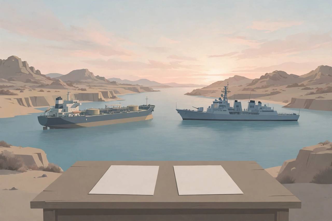 Editorial illustration of generic tankers and naval ships facing each other across a narrow strait at dawn, with an empty negotiating table and unsigned documents in the foreground