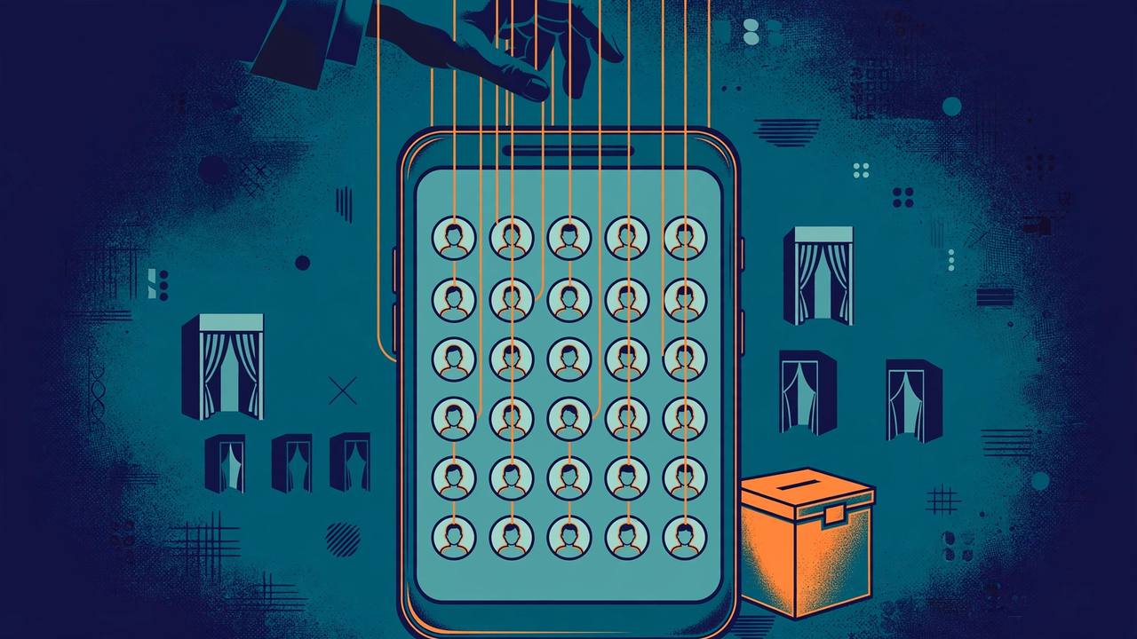 Editorial illustration of a smartphone filled with generic faceless profile avatars on puppet strings above a ballot box, flat style, no text, no real person's face (Editorial illustration)