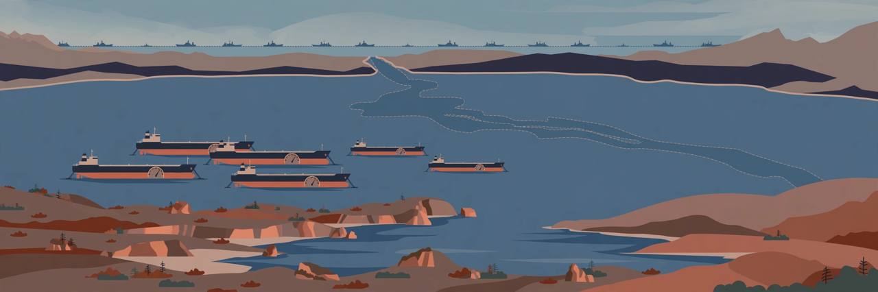 Editorial illustration of oil tankers anchored off an Asian coastline with empty gauges and a naval blockade line in the distance, flat style, no text, no real person depicted
