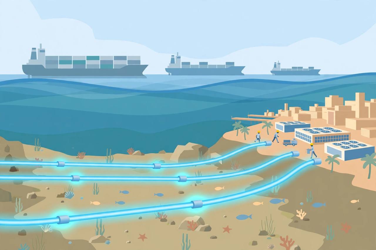 Editorial illustration of undersea internet cables on the seabed beneath the Strait of Hormuz with ships above and a Gulf coastal city, generic figures only