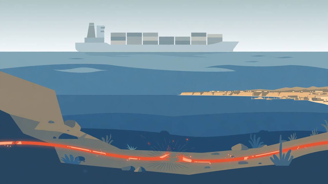 Editorial illustration of an undersea communications cable under a narrow strait with a ship above — flat style, no real person depicted